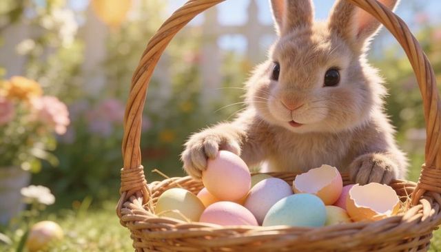 Fluffy bunny touching pastel easter eggs in wicker basket in sunny spring garden