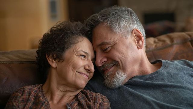 Affectionate senior couple cuddling on couch, smiling closeup of warm companionship and intimacy