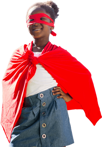Joyful Young Girl in Red Transparent Cape Enjoying Playtime