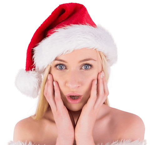 Surprised Festive Woman with Santa Hat on Transparent Background