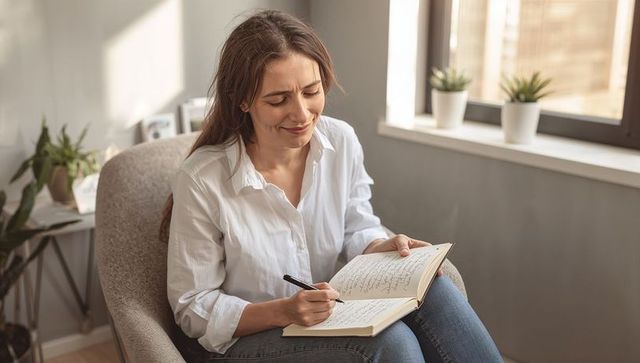 Woman writing in journal on armchair by sunlit window for creative home journaling