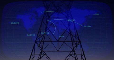 Electricity tower silhouette overlaid with digital grid and world map