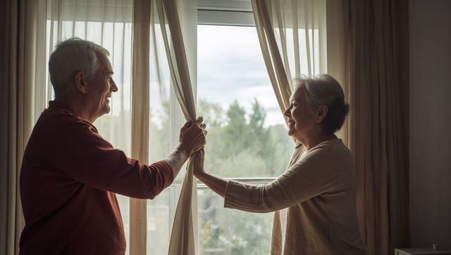 Cozy Morning Senior Couple Pulling Sheer Curtains Together Revealing Sunlit Garden View