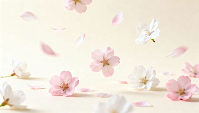 Floating sakura petals and blossoms drifting over pastel cream tabletop with soft shadows
