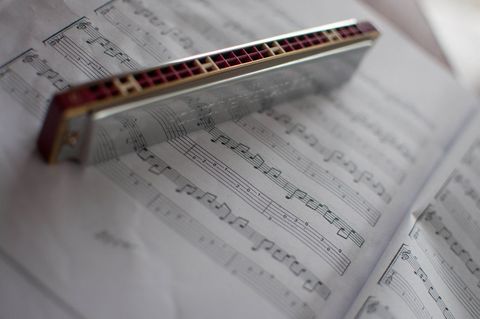 Close-up of harmonica on sheet music composition
