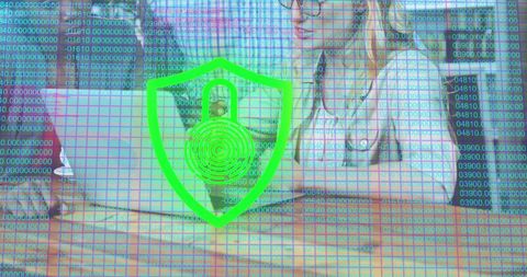 Cybersecurity Concept with Woman Using Laptop