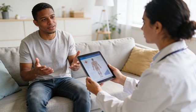 Doctor holding tablet showing anatomy while patient discussing symptoms on couch
