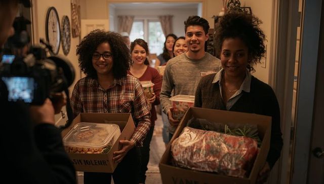 Community volunteers delivering meal boxes and roast, smiling while carrying down hallway