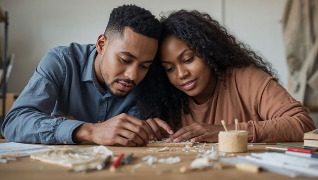 Couple assembling wooden model together in home workshop crafting hobby and teamwork