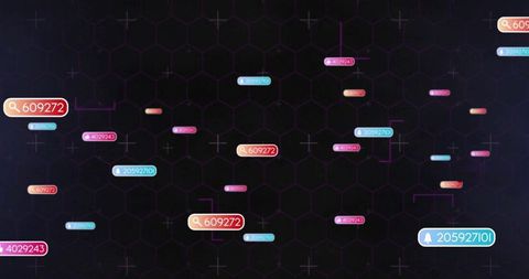 Central orange-red search tag 609272 on dark hex grid network with floating data labels