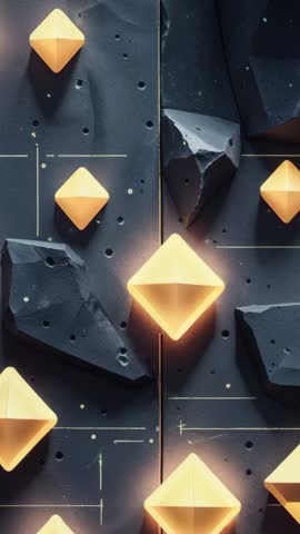 Vertical video pulsing golden tetrahedrons on dark panel, abstract futuristic loop
