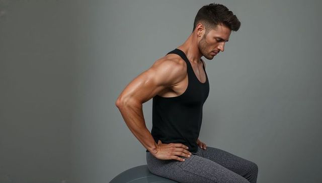 Muscular man sitting on stability ball wearing black tank top and gray workout pants, profile