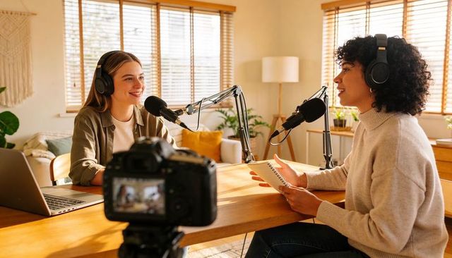 Two cohosts recording cozy home podcast with microphones, laptop and notebook