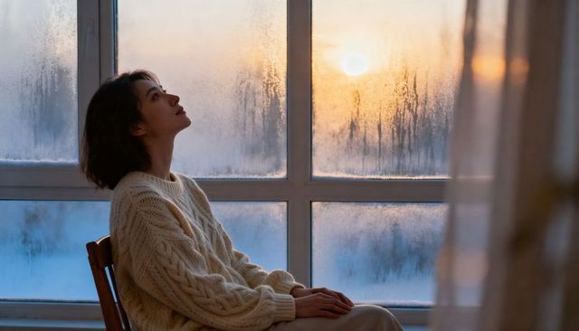 Pensive woman gazing through frosted window at sunrise in cable-knit sweater, tranquil winter light