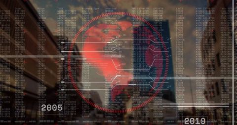 Futuristic urban data globe with high-rise background