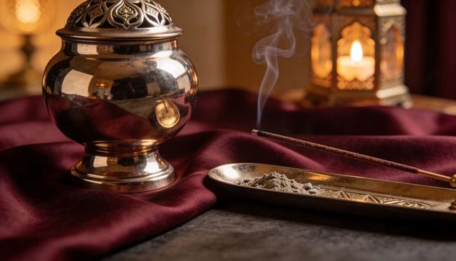 Ornate brass incense censer and smoldering stick on burgundy velvet with lantern glow