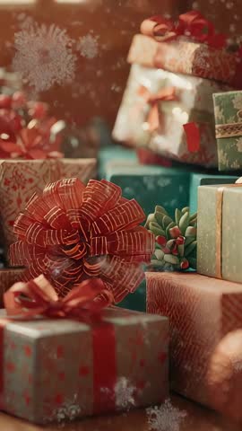 Snow drifting across stacked Christmas gifts with red bow and holly - Vertical video