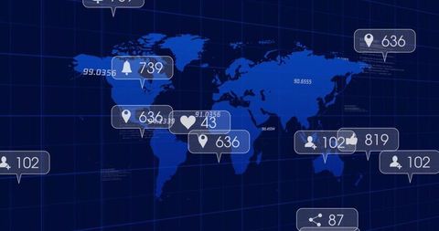 Glowing World Map with Metric Callouts on Digital Grid Interface