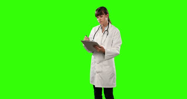 Young female doctor wearing white coat, using a clipboard for taking notes. Green screen background makes it suitable for editing and adding different backgrounds. Ideal for medical promotions, educational materials, training videos, or telemedicine platforms.