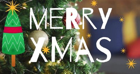 Merry xmas lettering over decorated christmas tree with bokeh lights and baubles