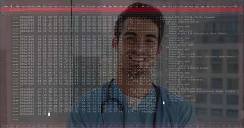 Smiling doctor with data overlay depicting medical innovation