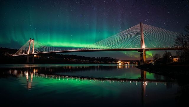 Northern lights reflecting on cable-stayed bridge night panorama with twin pylons