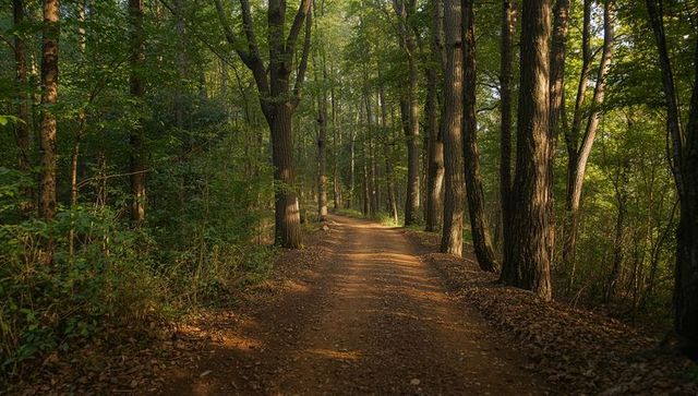 Sunlit dirt trail winding through deciduous forest canopy with dappled light