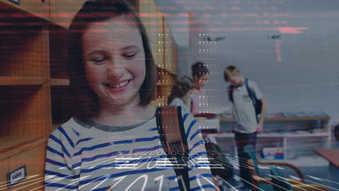 Girl Engaging with School Technology Overlay of Digital Codes