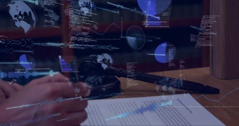 Futuristic legal technology gavel and contract with holographic global data overlays