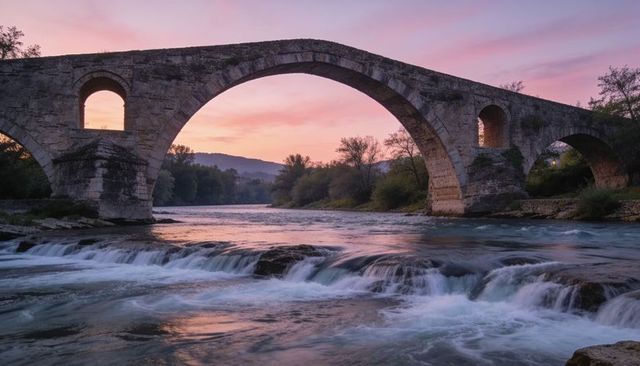 Ancient romanesque stone arch bridge arching over cascading river at pink twilight