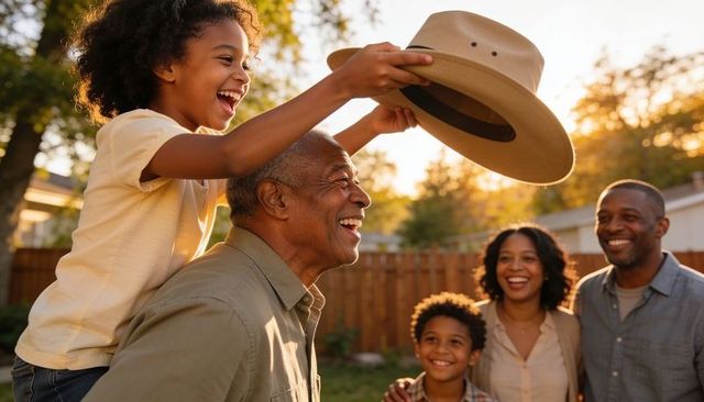Multigenerational family laughing in backyard as granddad carries grandchild on shoulders