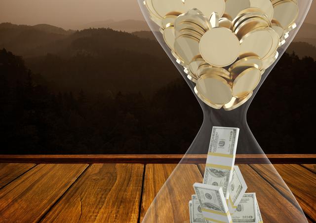 Gold coins and dollar bills shifting through an hourglass with a mountainous background and wooden surface, emphasizing concepts of investment, wealth management, and time being money. Ideal for financial industry themes, including articles, presentations, websites and campaigns focused on economics, savings, and business strategy.