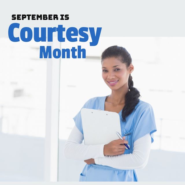 Digital portrait of smiling biracial young female nurse with september is courtesy month text. Copy space, digital composite, celebration, courtesy month, being kind and courteous concept.