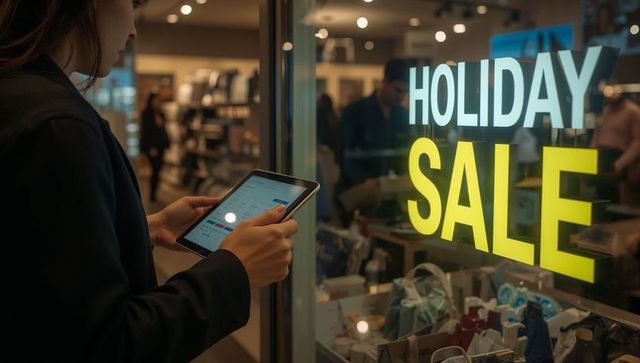 Woman using tablet checking holiday sale window display in retail store