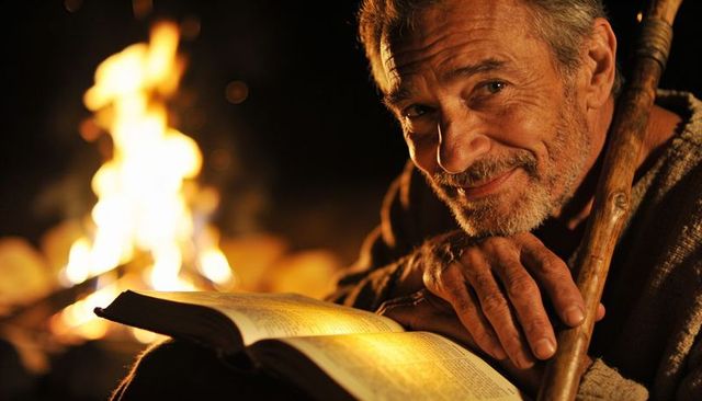 Elder man reading by campfire with wooden staff, warm firelight, open book, cozy wilderness