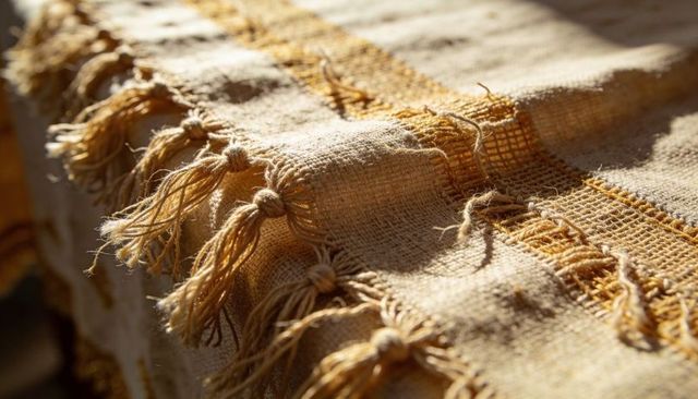 Handwoven beige-gold tablecloth draping edge with knotted tassels and textured fringe