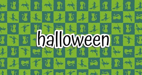 Bright Halloween Greeting with Witch and Cat Pattern Background