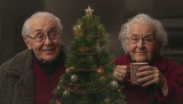 Senior Women Enjoying Holiday Cheer with Tabletop Christmas Tree