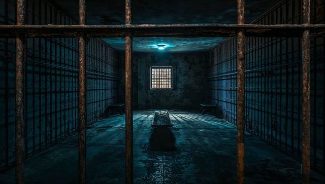 Abandoned Prison Cell Block with Rusted Metal Bars