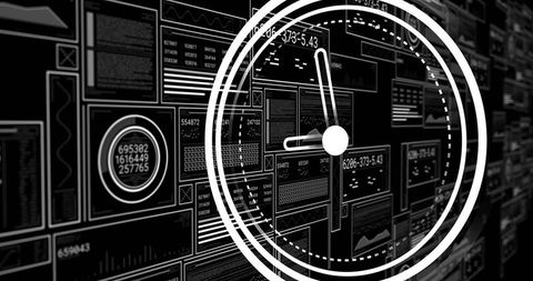 Displaying monochrome dashboard with circular gauge hud, telemetry tiles and data readouts