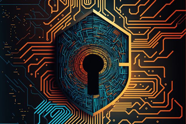 Illustration shows a keyhole surrounded by an intricate circuit board pattern, emphasizing the concept of digital security and data protection. Perfect for use in cybersecurity blogs, technology websites, and educational materials focusing on privacy and network protection.