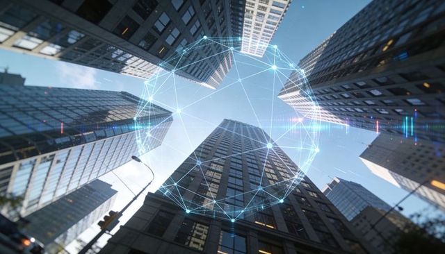 Skyscrapers connecting with glowing digital network sphere above downtown skyline