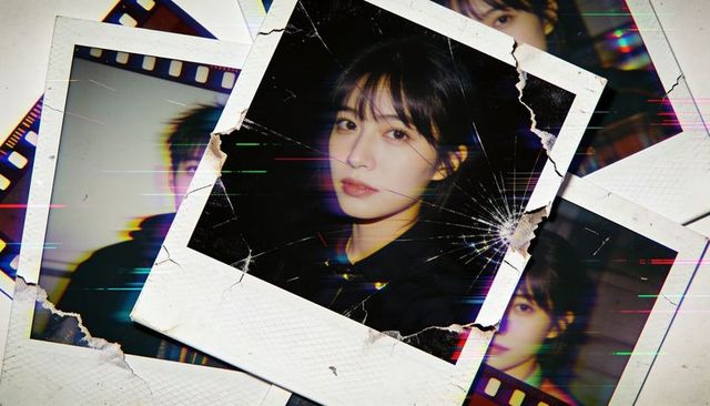 Vintage polaroid portrait collage featuring young woman wearing dark jacket, film crack glitch