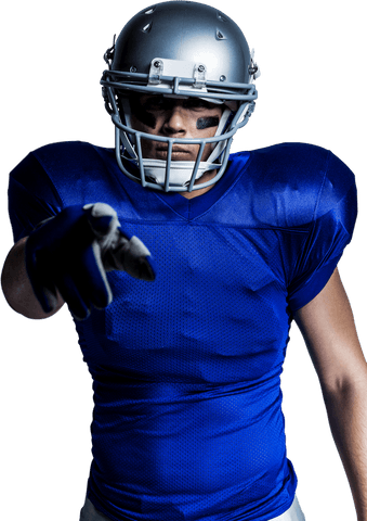Dynamic biracial football player in blue jersey pointing with confidence