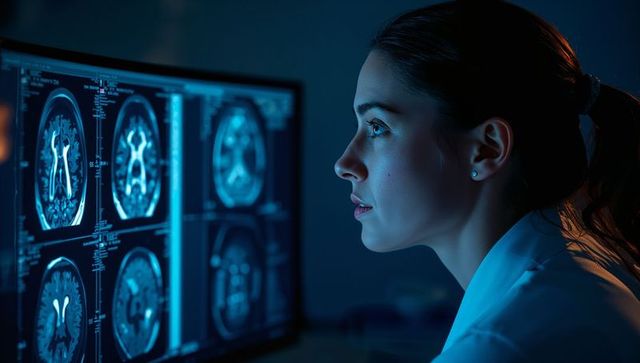 Radiologist examining mri brain scans on monitor