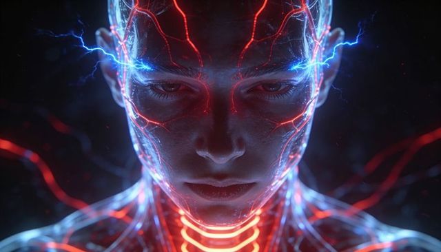 Glowing cybernetic face displaying neon neural circuits and electric blue arcs