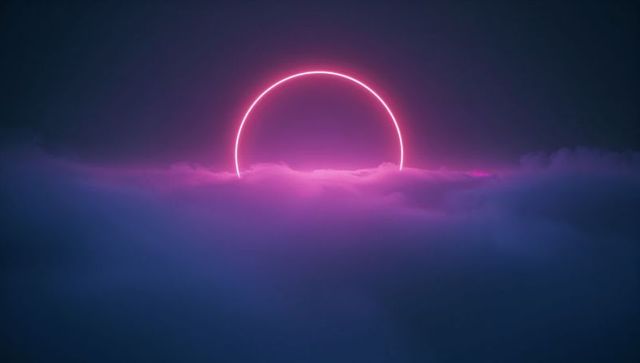Futuristic neon ring glowing above mystical clouds