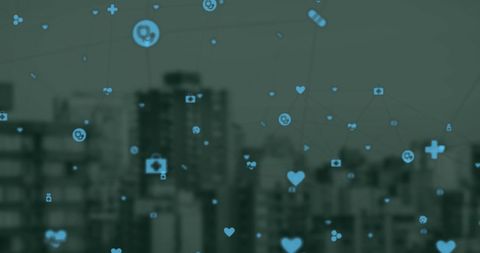 Network of Medical Icons Across Urban Skyline