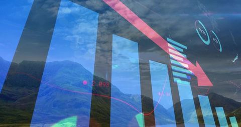 Transparent financial downtrend overlaying mountain valley with bar chart and red downward arrow