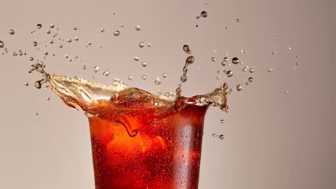 Slow-motion cola splash in tall glass creating crown of droplets and fizz motion